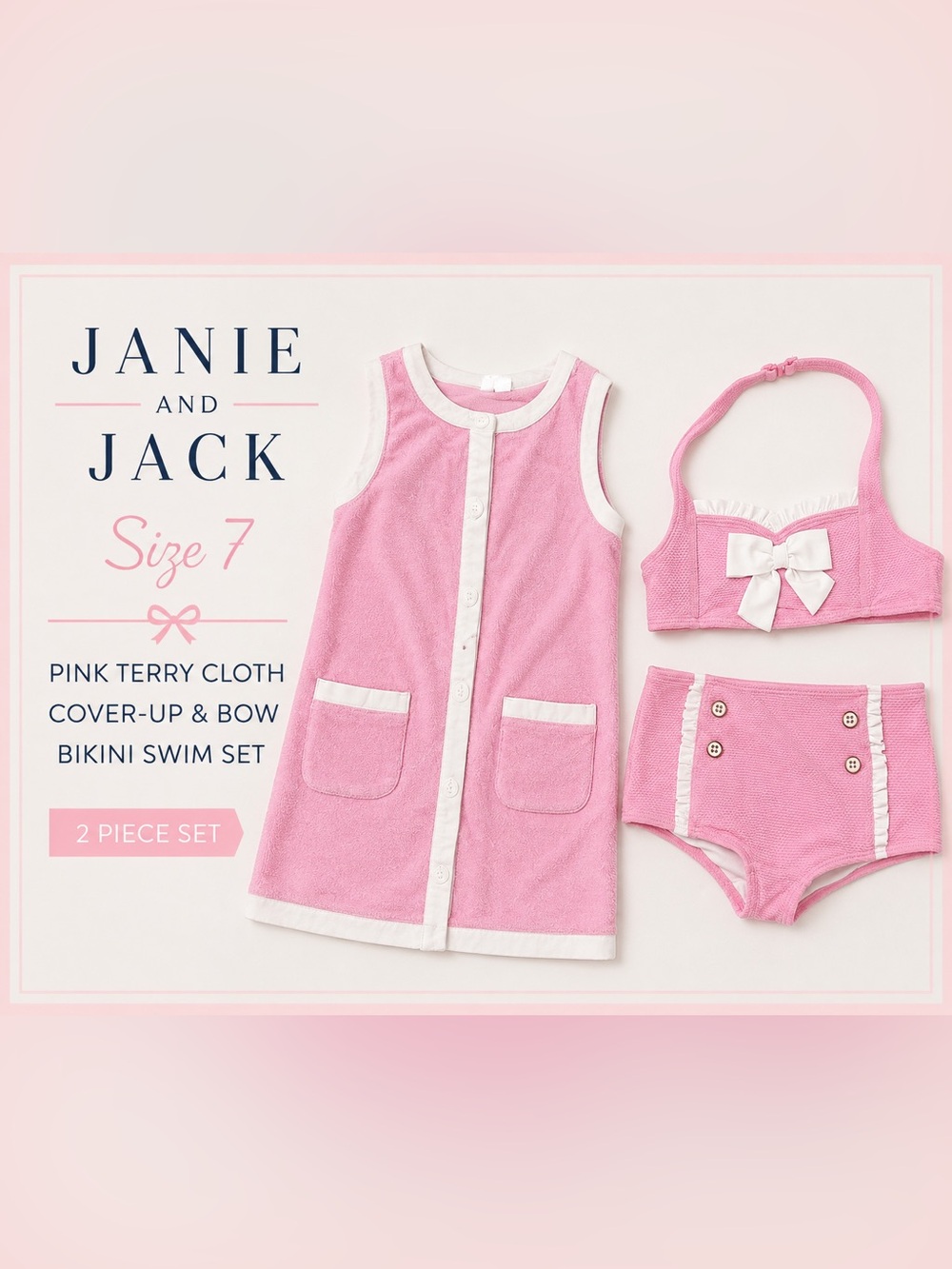 Janie and Jack Pink Terry Cloth Swim Top with White Trim